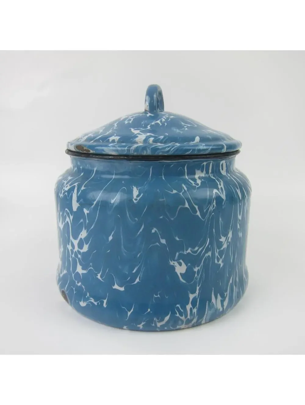 Antique Graniteware Enamelware Pot Blue & White Swirl with Lid Preserving Kettle - Picture 3 of 10